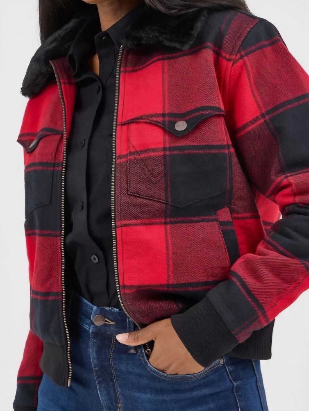 Wrangler Lined Bomber Jacket-Red Buffalo Faux Fur Collar Women's Size Small NWT